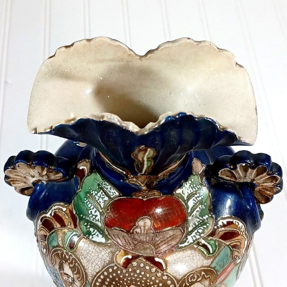 Antique Famille Immortals Japanese Satsuma Moriage Cobalt Blue Vase 12" Vintage - Picture 8 of 9